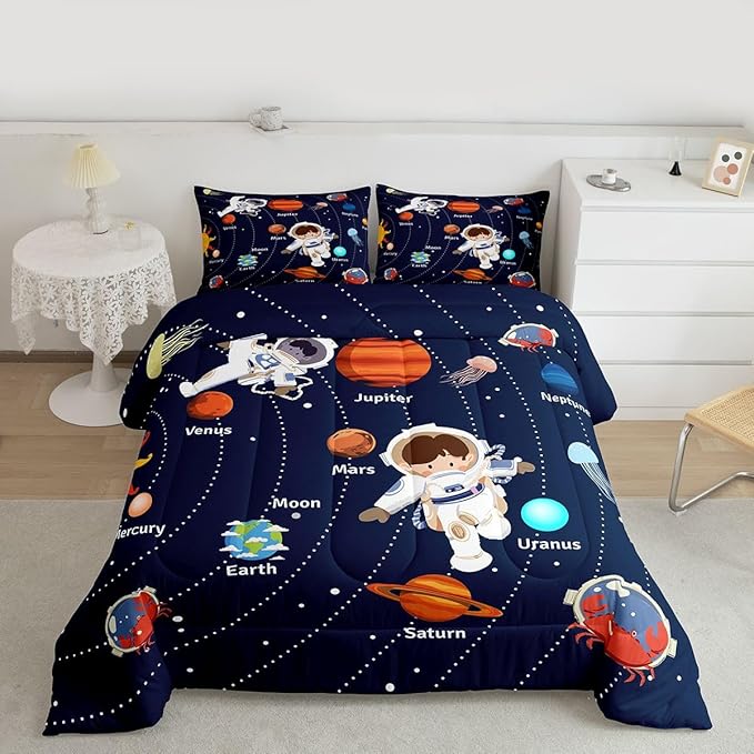 Feelyou Solar System Comforter Set Twin Size Outer Space Comforter for Kids Teens Adults Universe Planets Bedding Set Cute Astronaut Blue Duvet Set Room Decor 2Pcs with 1 Pillow Case