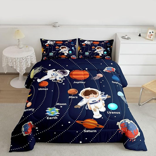 Feelyou Solar System Comforter Set Twin Size Outer Space Comforter for Kids Teens Adults Universe Planets Bedding Set Cute Astronaut Blue Duvet Set Room Decor 2Pcs with 1 Pillow Case