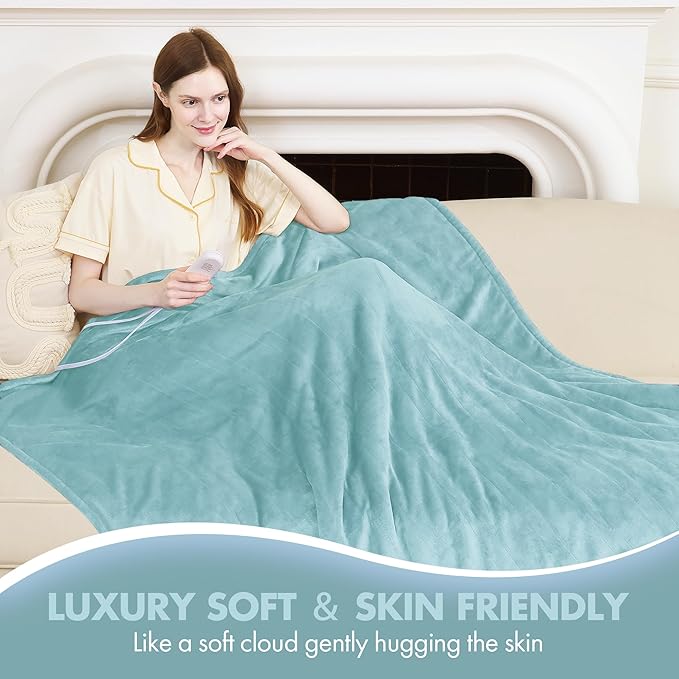 Full Size Heated Blanket 72" x 84" - Fluffy Ultra Soft Flannel Electric Blanket Full with 6 Heating Levels & 10 Hours Adjustable Timer, Fast Heating and Washable Blanket for Office (Blue)