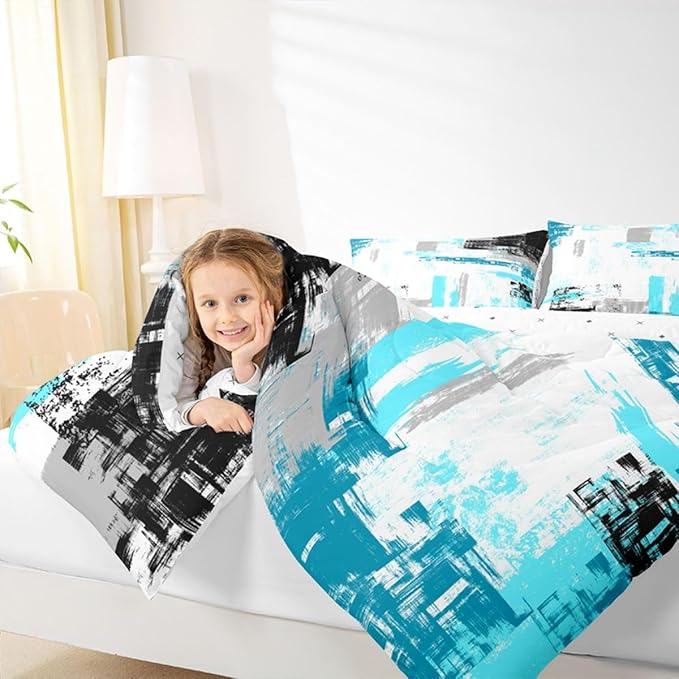 Feelyou Abstract Comforter Set for Girls Boys Kids Modern Abstract Art Comforter Room Decorative Teal Blue White Black Bedding Set Luxury Duvet Set King Size 3Pcs Comforter Inner Fill
