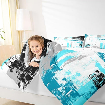 Feelyou Abstract Comforter Set for Girls Boys Kids Modern Abstract Art Comforter Room Decorative Teal Blue White Black Bedding Set Luxury Duvet Set Twin Size 2Pcs Comforter Inner Fill