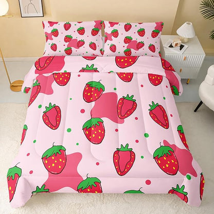 QOOMO Kawaii Comforter Twin,Pink Strawberry Comforter Set for Kids Teens Girls,3Pcs Bedding Set Printed Comforter with 2 Pillowcases,Down Alternative,Soft and Lightweight，Twin Size