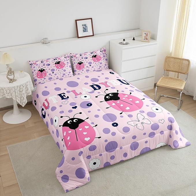 Castle Fairy Cute Ladybug Bedding Set Twin Size Funny Polka Dots Geometric Comforter for Child Teens Cartoon Butterfly Animal Down Comforter Heart Print Duvet Insert with 1 Pillowcase