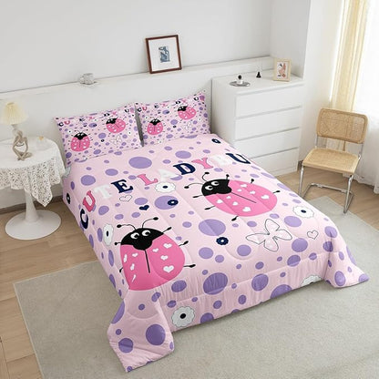 Castle Fairy Cute Ladybug Bedding Set Toddler Size Funny Polka Dots Geometric Comforter for Child Teens Cartoon Butterfly Animal Down Comforter Heart Print Duvet Insert with 1 Pillowcase