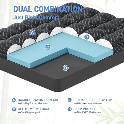 Dual Layer 3 Inch Memory Foam Mattress Topper Twin XL Size, 2 Inch Cooling Gel Memory Foam Plus 1 Inch Pillow Top Mattress Pad Cover, with 8-21 Inch Deep Pocket, Black