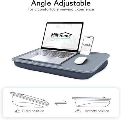 Lap Desk, Lap Desk with Cushion, Fits up to 17 inch Laptop, Pillow Designed, Portable Laptop Stand with Tray, Pad & Phone Holder, Home Office for Bed/Couch/Car/Reading/Writing, MillHome (Gray)