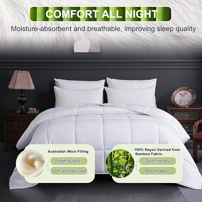 YOUR MOON Luxurious All Season Wool Comforter King Size 100% Natural Australian Wool Duvet, Hypoallergenic Premium Filled Comforter, Noiseless Jacquard Rayon Derived from Bamboo Shell(White)