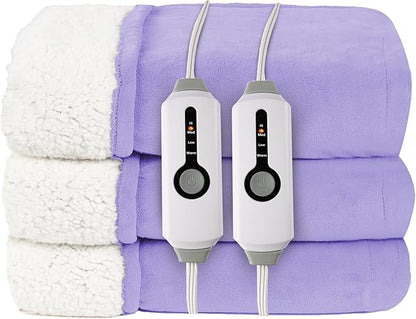 Electric Heated Blanket Queen Size 84"x90" - Coral Fleece & Sherpa Fabric Dual-Sided, 4 Heat Settings & 10 Hours Auto Off, Soft Warming Throw for Home, Office, or Bed, Machine Washable, Light Purple
