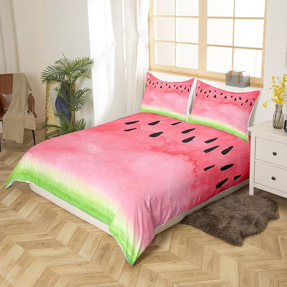 Castle Fairy Watermelon Duvet Cover Sets King,Watercolor Tie Dye Bedding Set 3pcs for Kids Teens Adults Room Decor,Pink Green Summer Fruit Comforter Cover Modern Plants Quilt Cover with 2 Pillowcases