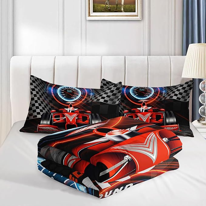 3D Racing Car Comforter Set Extreme Sports Printed Bedding Set with 1 Comforter and 2 Pillowcases for Boys and Girls Bedroom All Season(Car-3 Full)