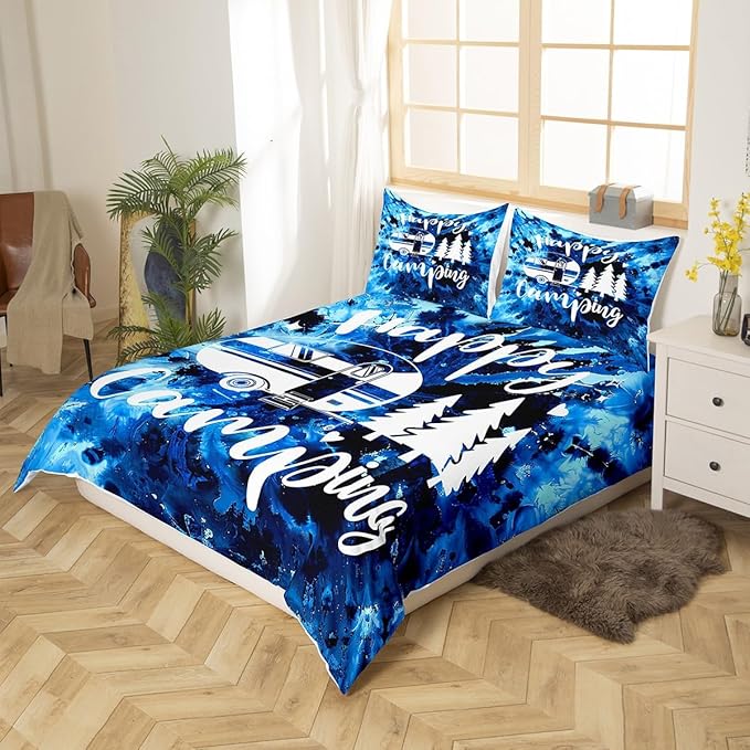 Happy Camping Camper Duvet Cover Queen for Children,Watercolor Blue Tie Dye Bedding Set Modern Room Gift,Farmhouse Boho Trippy Art Comforter Cover with 2 Pillowcases, Ultra Soft Bed Spread