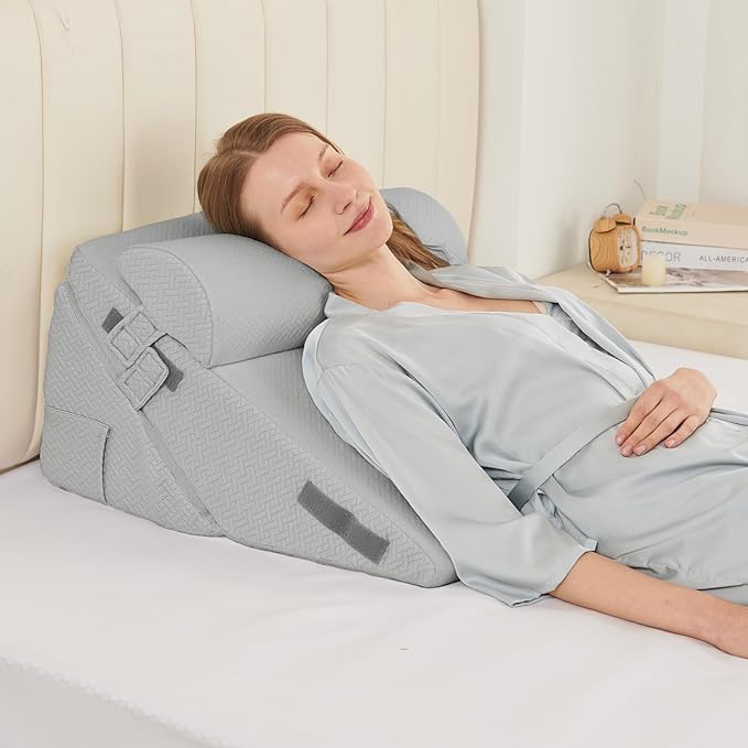 Sasttie Wedge Pillow Set for After Surgery, 2PCS Adjustable Bed Wedge Pillow Headboard with Memory Foam Neck Cushion – for Acid Reflux, Sleeping, Neck & Back Support, Light Grey