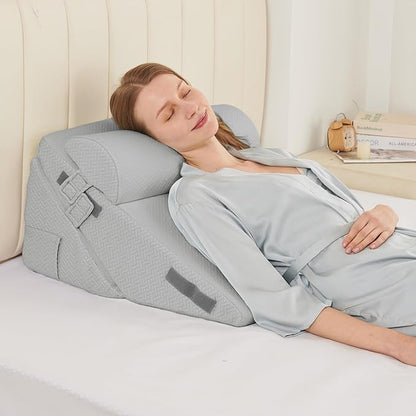 Sasttie Wedge Pillow Set for After Surgery, 2PCS Adjustable Bed Wedge Pillow Headboard with Memory Foam Neck Cushion – for Acid Reflux, Sleeping, Neck & Back Support, Light Grey