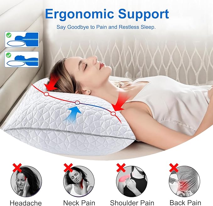 Cooling Pillows Standard Size Set of 2, Shredded Memory Foam Pillows, Adjustable Firm Bed Pillows Cool Cold Pillow for Hot Side Back Stomach Sleepers with Removable Washable Cover, 20" x 26", White