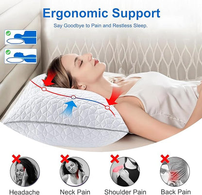Cooling Pillows Standard Size Set of 2, Shredded Memory Foam Pillows, Adjustable Firm Bed Pillows Cool Cold Pillow for Hot Side Back Stomach Sleepers with Removable Washable Cover, 20" x 26", White