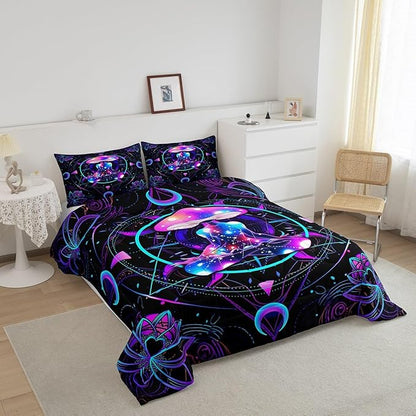 Trippy Mushroom Comforter Set King Size,Gymnastics Yoga Theme Bedding Set 3pcs,Kids Girls Adult Room Decor,Exotic Neon Purple Stars Moon Quilt Set Geometric Colorful Lines Duvet Insert,2 Pillowcases