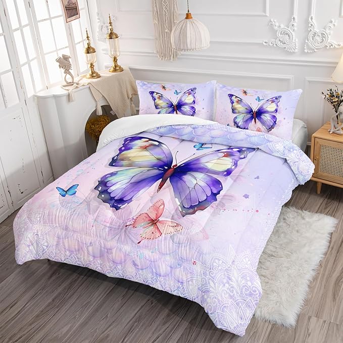 Mandala Butterfly Comforter Set Full Size for Girls Kids Adults Mermaid Scales Pattern Bedding Set Aesthetics Butterflies Quilt Bed Set with 1 Comforter and 2 Pillowcases
