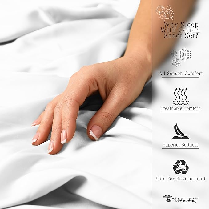 URBANHUT 100% Egyptian Cotton Sheets - 1000 Thread Count Twin White Sheet Set (3Pc), Long Staple Cotton Sheets, All Season Sateen Weave, Luxury Hotel Twin Bedsheets,16" Deep Pocket