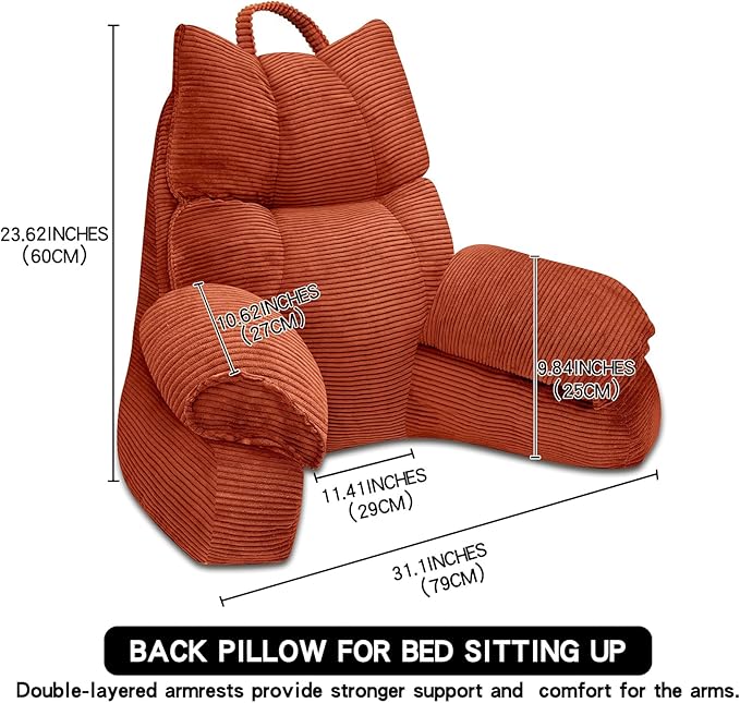 RRPAHWTV Reading Pillow for Bed with High Arm Rests,Back Support Pillow for Sitting Up in Bed with Shredded Memory Foam for Reading, TV, Gaming or Relaxing on Floor（Bright Orange, Small）