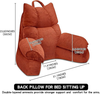 RRPAHWTV Reading Pillow for Bed with High Arm Rests,Back Support Pillow for Sitting Up in Bed with Shredded Memory Foam for Reading, TV, Gaming or Relaxing on Floor（Bright Orange, Small）