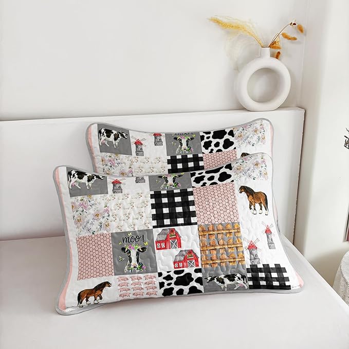 HOSIMA Farmhouse Queen Bedding Set,Plaid Patchwork Cow Bedding,Cute Cartoon Farm Animal Pig Cow Horse Pattern Quilt,Western Country Style Room Decor Aesthetic with 2 Pillowcases.