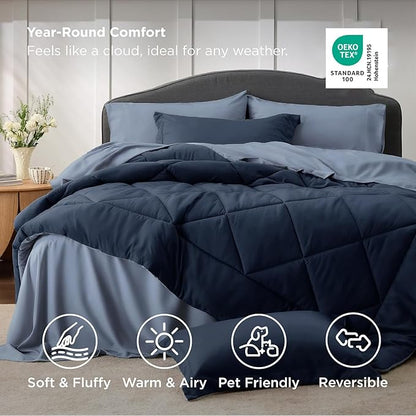 Bedsure Queen Comforter Set - 7 Pieces Reversible Navy Blue Bedding, Queen Size Bed Set for All Seasons, Bed in a Bag with Down Alternative Comforter, Sheets, Pillowcases & Shams