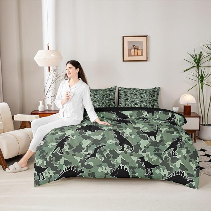 Feelyou Dinosaur 7 Piece Bedding Set Camouflage Print Comforter Set with Sheets for Kids Boys Girls Army Green Bed in a Bag Animal Theme Bed Set Soft Lightweight