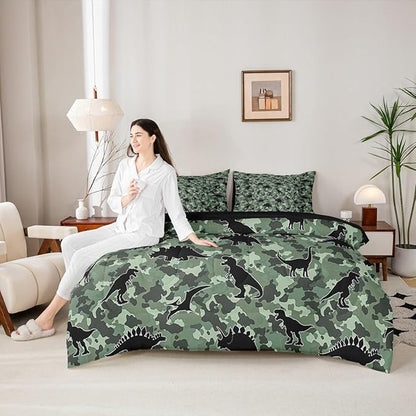 Feelyou Dinosaur 7 Piece Bedding Set Camouflage Print Comforter Set with Sheets for Kids Boys Girls Army Green Bed in a Bag Animal Theme Bed Set Soft Lightweight