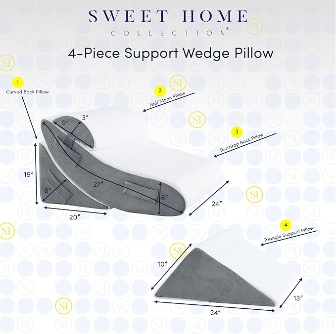 Orthopedic Wedge Pillow Set for Leg, Back, & Knee Support - CertiPUR Memory Foam Wedge Pillows with Washable Covers for Post Surgery & Pain Relief - Adjustable Bed & Body Positioning Cushions, 4 Piece