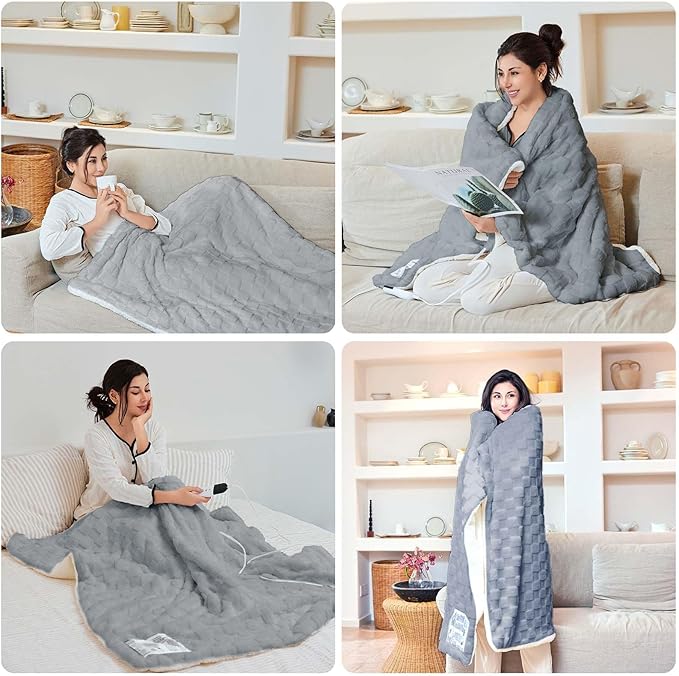 Electric Blanket Throw - Soft Checked Flannel with 6 Heating Levels, 4 Hours Auto-Off, Fast Heating, ETL & FCC Certified, 50"x60", Overheating Protection, Cozy Heated Blanket Throw（Gray）