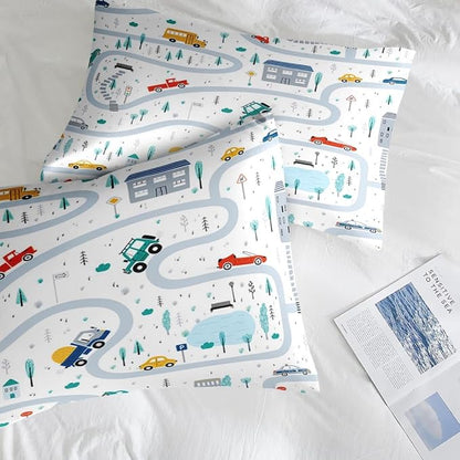 Comforter Set Twin Size, Cute Car City 5 Pcs Bedding for Kids and Adults, Cartoon Tree Truck Bed Sheet Sets with Fitted Sheet Pillowcase & Sham for Bedroom Bed Decor
