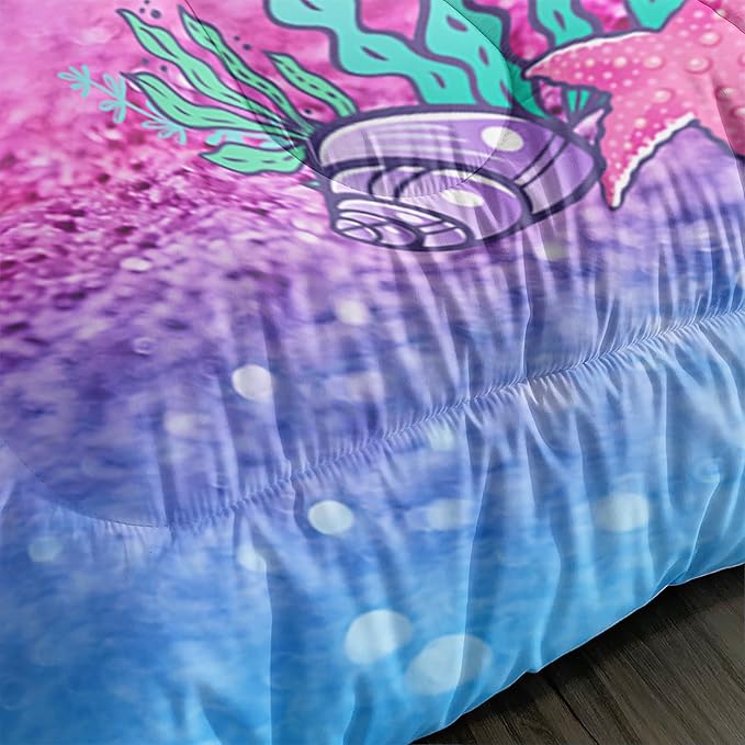 Mermaid Butterfly Comforter Set Twin Size Fairy Tale Sea Shell Grass Bedding Set Colorful Rainbow Quilt Bed Set for Kid Girls with 1 Comforter and 2 Pillowcases