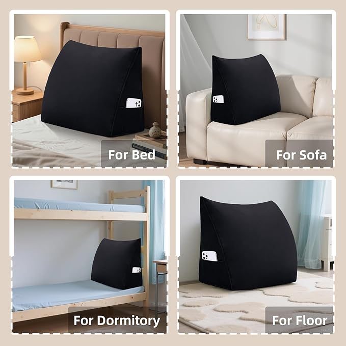 Wedge Headboard Reading Pillow for Bed Velvet Triangular Backrest Bolster Pillow for Sitting Up Daybed Cushion Lumbar Body Support Positioning for Headboard, Couch, Dorm, Black