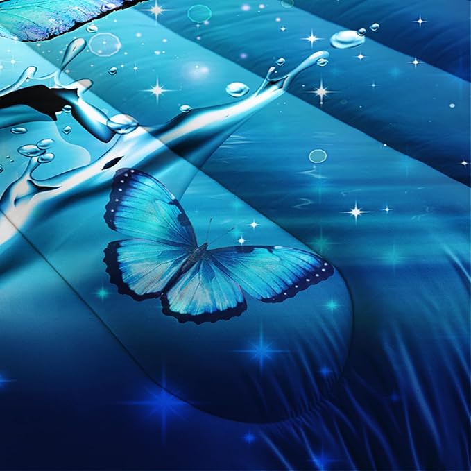 Fantasy Blue Butterfly Comforter Set Queen Size,Butterflies on Water Flash Bedding Sets 3 Pieces,Blue Series Aesthetic Bedding for Kids Girls Boys Room Decor with 2 Pillowcases.