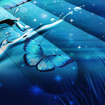 Fantasy Blue Butterfly Comforter Set King Size,Butterflies on Water Flash Bedding Sets 3 Pieces,Blue Series Aesthetic Bedding for Kids Girls Boys Room Decor with 2 Pillowcases.