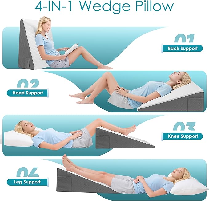 12 inch Bed Wedge Pillow for Sleeping, Reading & Resting, Cooling Memory Foam Incline Pillow Wedge for Adults Seniors, Ideal for Couch, Bedroom & Living Room, Removable Washable Cover