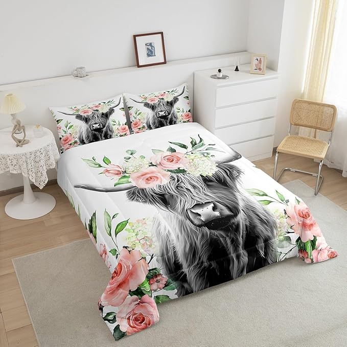 Feelyou Highland Cow Bedding Set Kids Rose Floral Bull Cattle Comforter Set for Girls Teens Western Wildlife Animal Comforter Farmhouse Duvet Set Room Decor Quilt Set Full Size