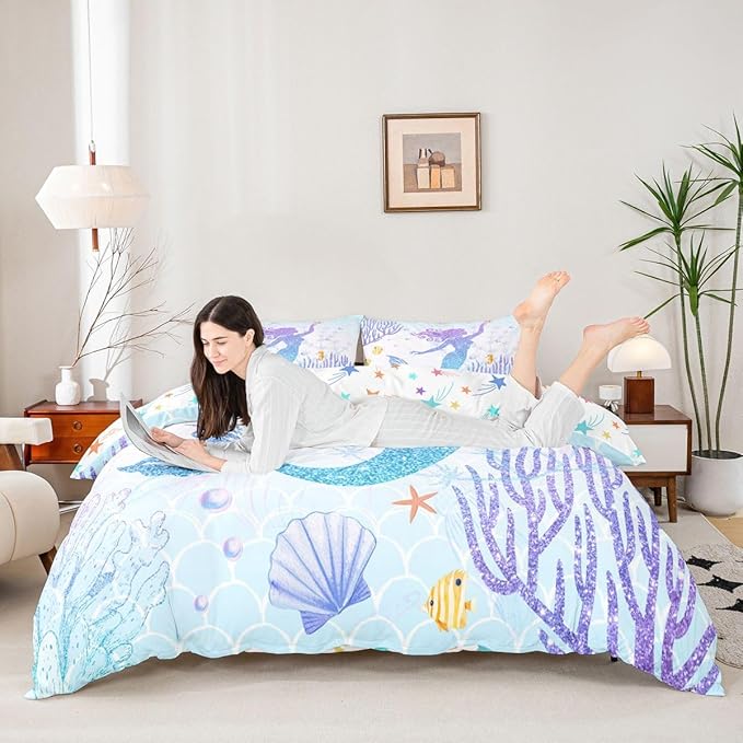 Castle Fairy Mermaid Duvet Cover Set Queen Size Rainbow Watercolor Glitter Bedding Set for Kids Girls Women Teens Room Decor, Mermaid Fish Scale Comforter Cover Ocean Coral Shell Quilt Cover 3pcs