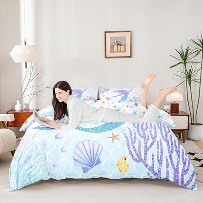 Castle Fairy Mermaid Duvet Cover Set Twin Size Rainbow Watercolor Glitter Bedding Set for Kids Girls Women Teens Room Decor, Mermaid Fish Scale Comforter Cover Ocean Coral Shell Quilt Cover 2pcs