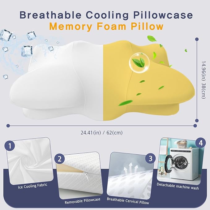 High Profile Cervical Pillow for Neck Support, Ergonomic Memory Foam Pillow for Side Sleepers, Firm Support for Neck Pain Relief – White