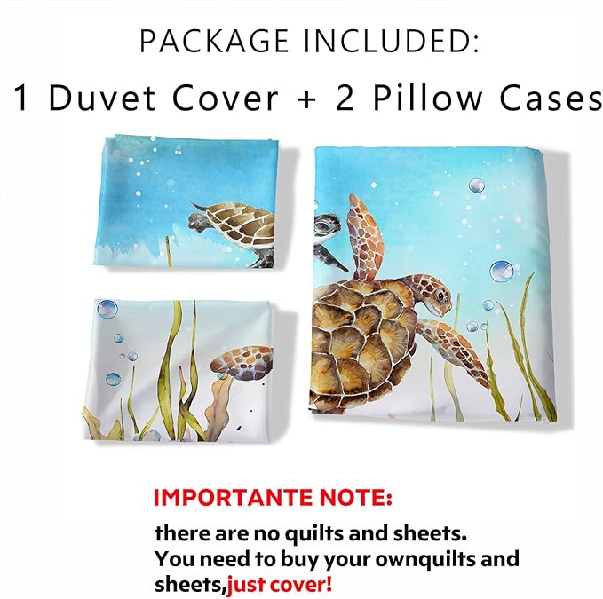 CVHOUSE Sea Turtle Bedding Full Size,Ocean Sea Turtle Bedding Set for Kids Teens,Beach Tutle Comforter Cover Set Soft,1 Duvet Cover 2 Pillowcases 3 Piece,Ocean Decor, Full 79'x89'