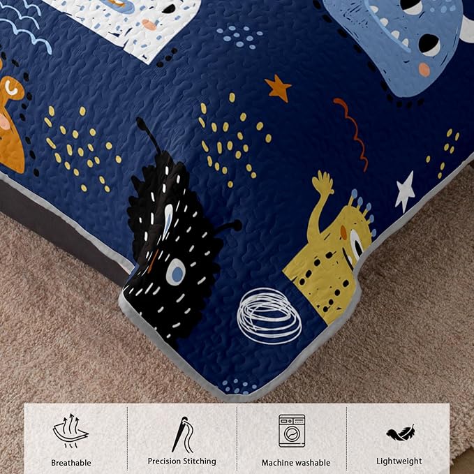 AILONEN Cartoon Monster Quilt Set Queen Size Hip Hop Bedspread Coverlet for Kids Boys,Funny Navy Blue Bedding with 2 Pillowcases,Bed Cover