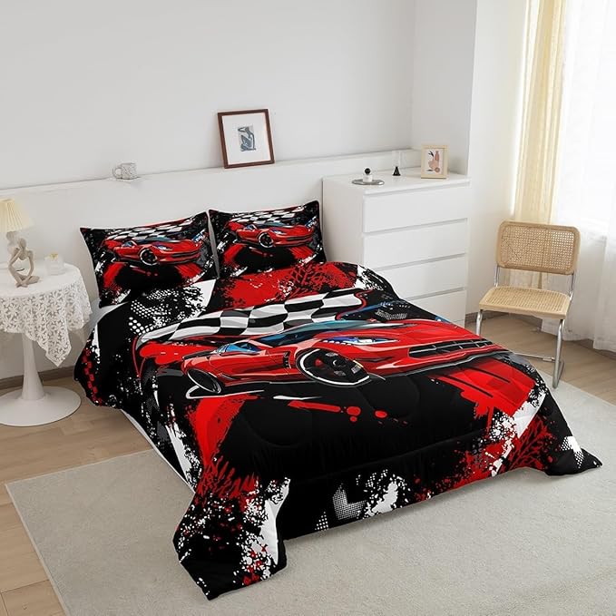 Feelyou Car Bedding Set for Boys Toddler Size Racing Sports Car Comforter Kids Extreme Sports Theme Comforter Set Girls Children Bedroom Teens Cool Speed Automobile Decor Bed Duvet Set Lightweight