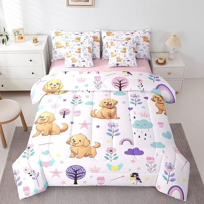 Erosebridal 7 Pieces Bed in a Bag Full Bedding Set with Sheets,Floral Golden Retriever Comforter Sets for All Season,1 Comforter, 2 Cushion Covers, 1 Flat Sheet, 1 Fitted Sheet, 2 Pillowcases