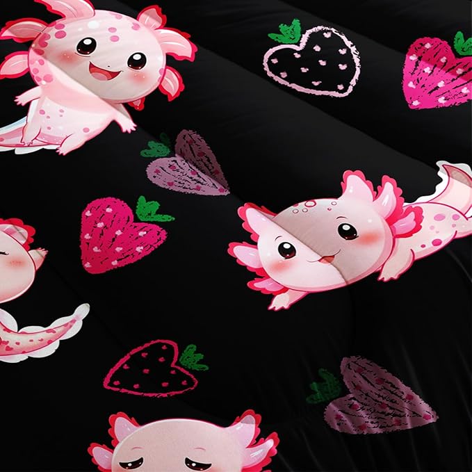 Cute Axolotl Bedding Set King Size,Pink Axolotl Strawberry Printed Comforter Sets Aesthetic Bedding for Kids Girls,Beach Coastal Animal Themed Comforter Sets with 2 Pillowcases.