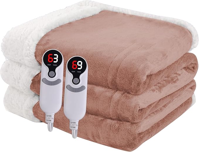 Heated Electric Blanket Queen Size 84''x90'', Dual Controller Soft Flannel with 6 Heat Settings 1-10 Hour Auto Off Large Blanket for Bed - Cozy Pink