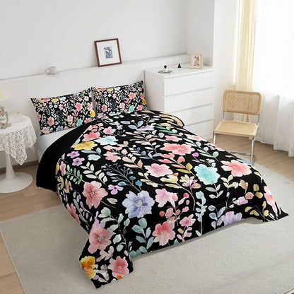 Erosebridal Black Floral King Comforter Set,Cute Pink Flower Boho Bedding Set for Girls Women,Colorful Flowers Wildflower Quilt,Botanical Plant Leaves Bedroom Decor,2 Pillowcases Breathable