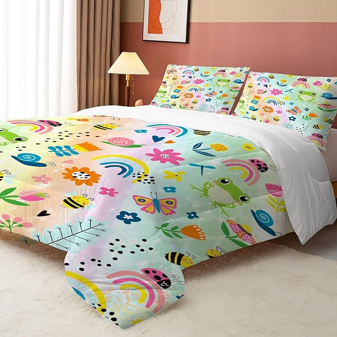 Rainbow Comforter Sets Full Size Cartoon Frogs Bedding Sets for Girls Kids Teens Boys Flowers Butterfly Bees Snails Insects Cute Kawaii Quilt 1 Comforter + 2 Pillow Cases