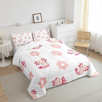 Pink Axolotl Daisy Comforter Set Lovely Cartoon Wild Sealife Decor Bedding Comforter for Kids Girls Teens Watercolor Groovy Hippie Flowers Dreamy Bedroom Quilt Set with 2 Pillowcases King Size 3 Pcs