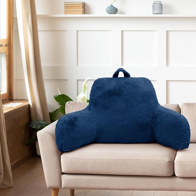Reading Pillow for Sitting in Bed Adult, Standard Reading Pillow with Memory Foam, Back Pillow for Bed Sitting Up with Extend Arms, Blue